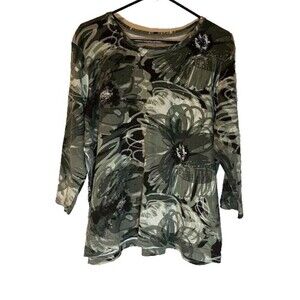 Nicki by Nicole Miller Top 1X Green Gray Floral Camo Print Normcore Casual Tee